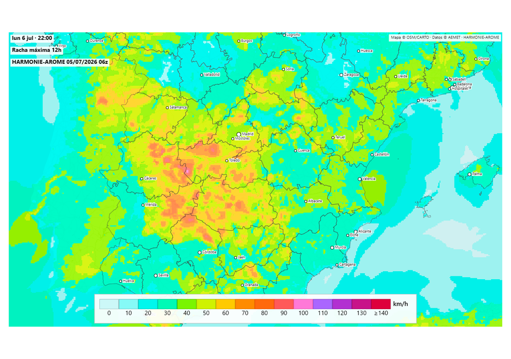 Thunderstorms developing tomorrow afternoon may slow the rise in temperatures. Depending on the model, they will be accompanied by strong gusts of wind. Source: HarmonieArome.es and AEMET.