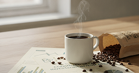 Steaming cup of coffee with beans and pollution analysis documents