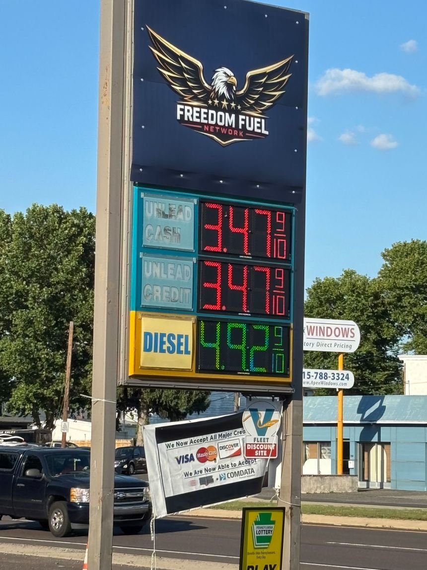 A sign at one of 25 Freedom gas stations offering below-market prices to drivers in Pennsylvania and New Jersey.