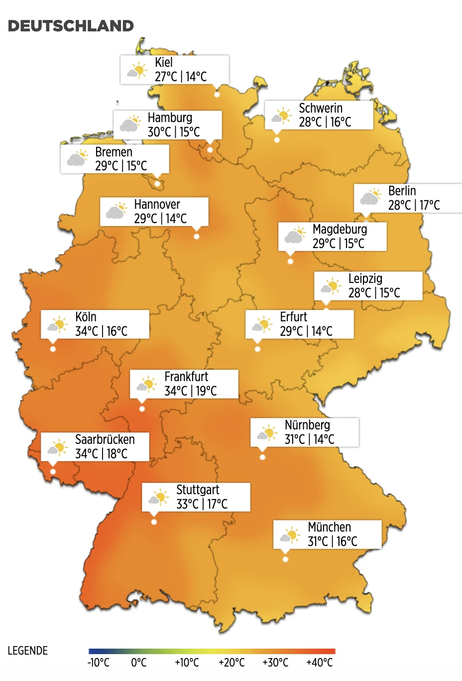 Weather map in Germany for Saturday, July 11. In summer it gets warm everywhere.