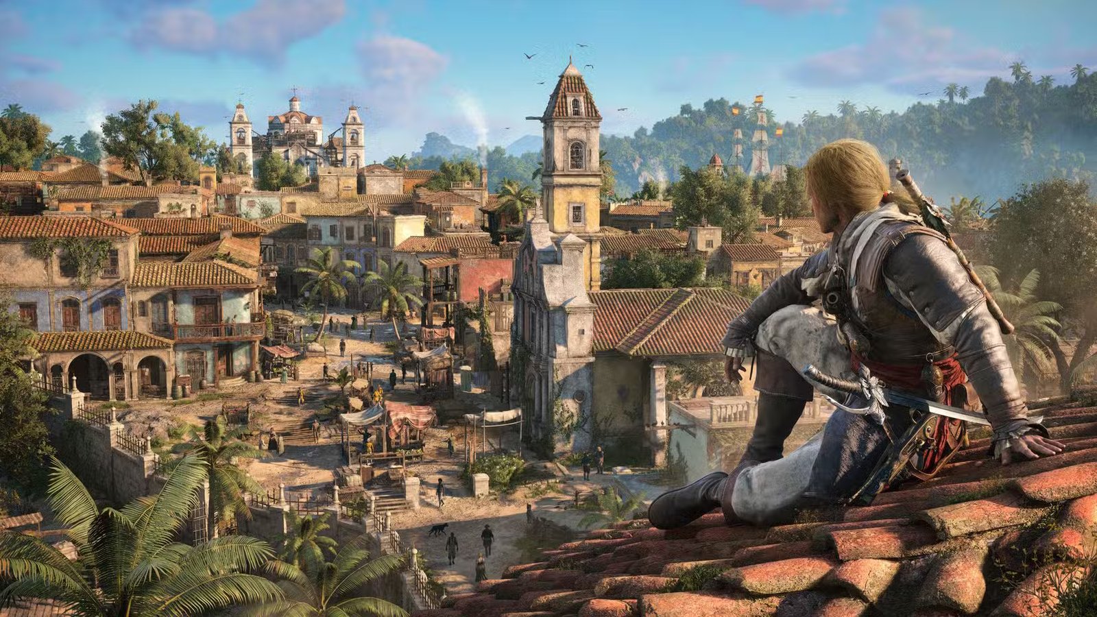Edward Kenway looks out over a Caribbean town