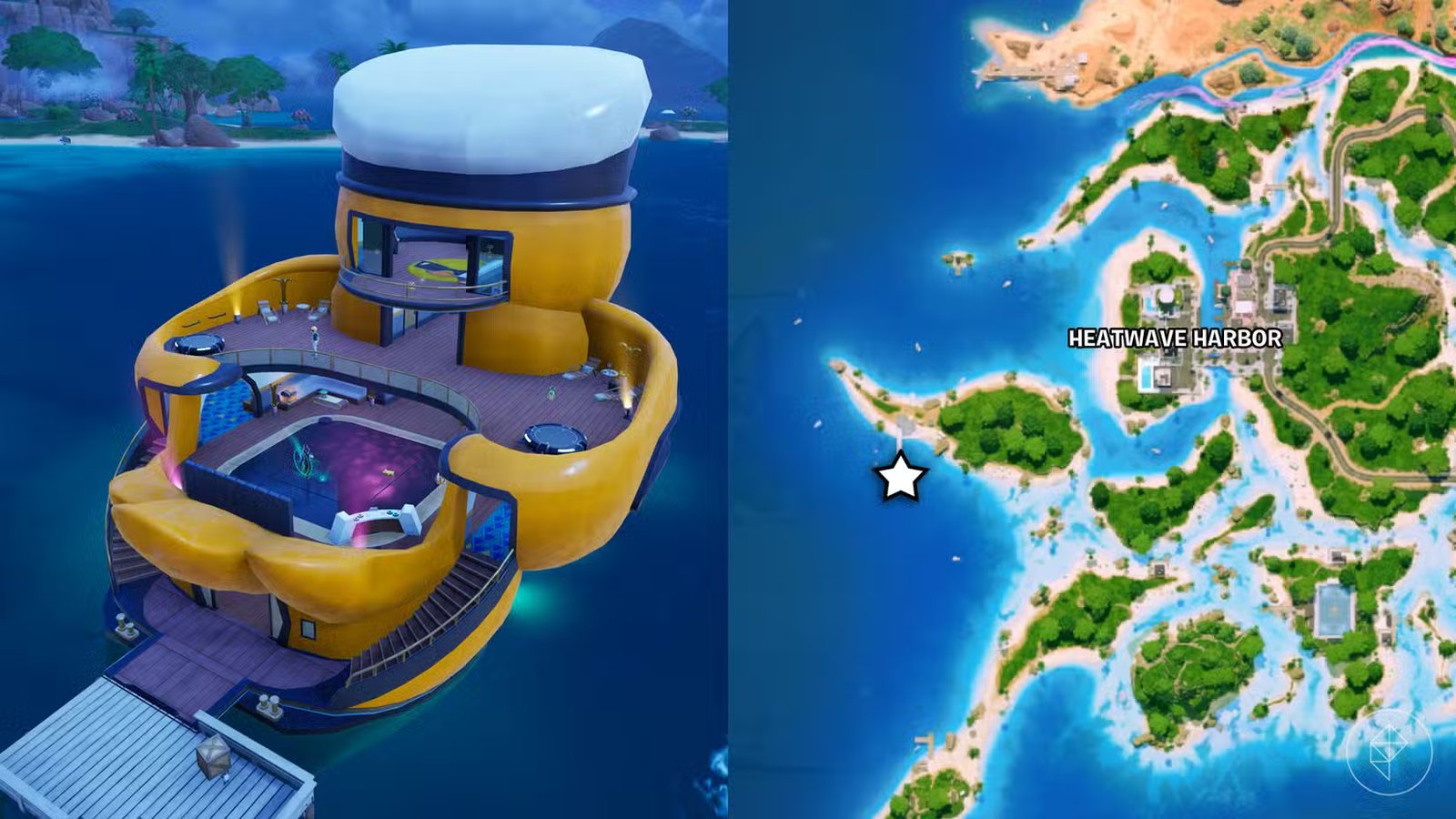 The duck-shaped yacht in Fortnite and its location are marked on the map.