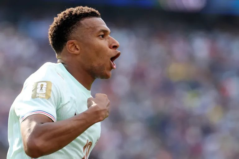 France number 10 forward Kylian Mbappe celebrates scoring his team's first goal during the 2026 FIFA World Cup quarterfinal match between France and Morocco at Boston Stadium in Foxboro on July 9, 2026. (Photo by Odd ANDERSEN/AFP)