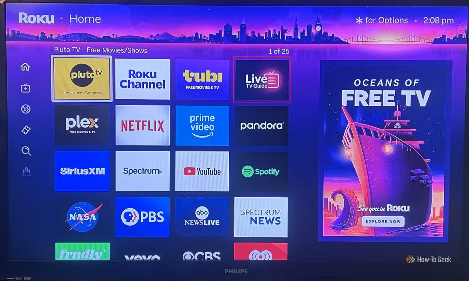Image of the Roku TV home screen. The live broadcast is highlighted with a red frame.