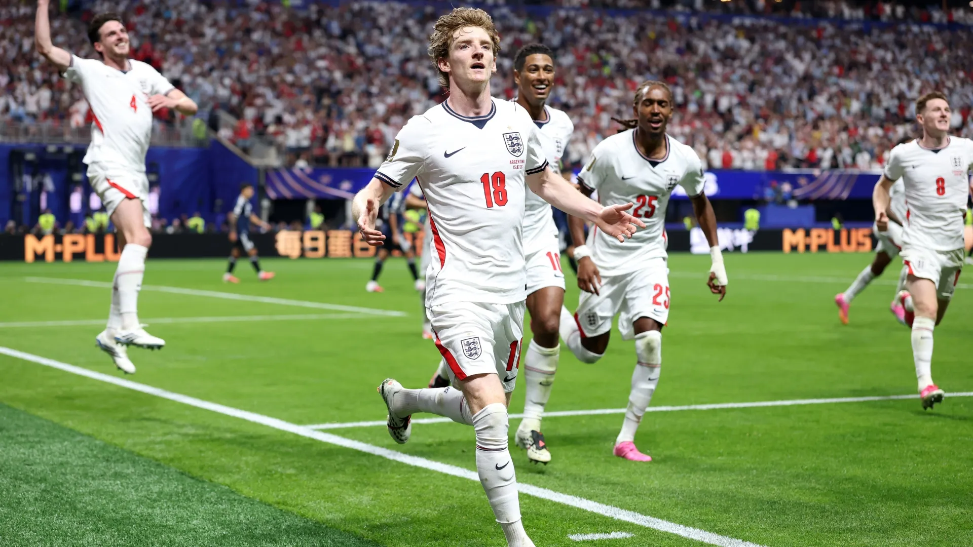 Anthony Gordon #18 of England celebrates his first goal. Justin Setterfield/Getty Images