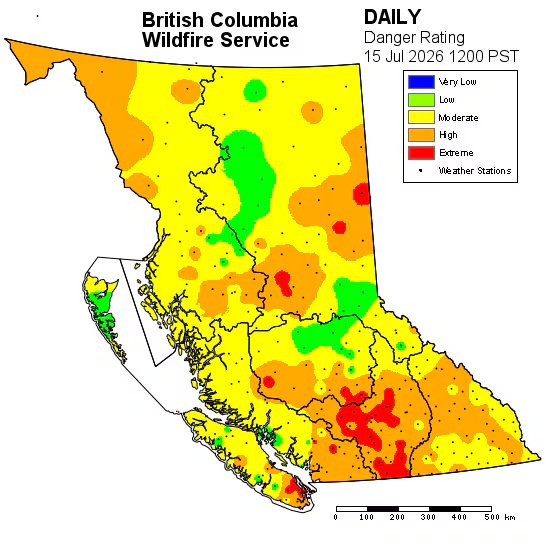 Map showing fire danger ratings in British Columbia.