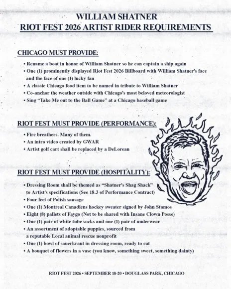 William Shatner's demands on Riot Fest racers are out of this world 12 William Shatner Ryder's Claims