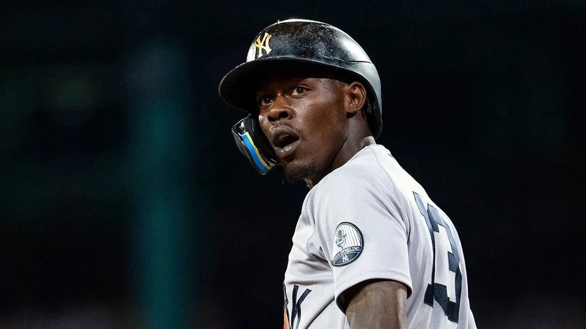 Jazz Chisholm Jr. smiles during a baseball game at Fenway Park in Boston.