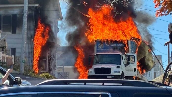 Moving truck explodes in Sanford as fire spreads to nearby home