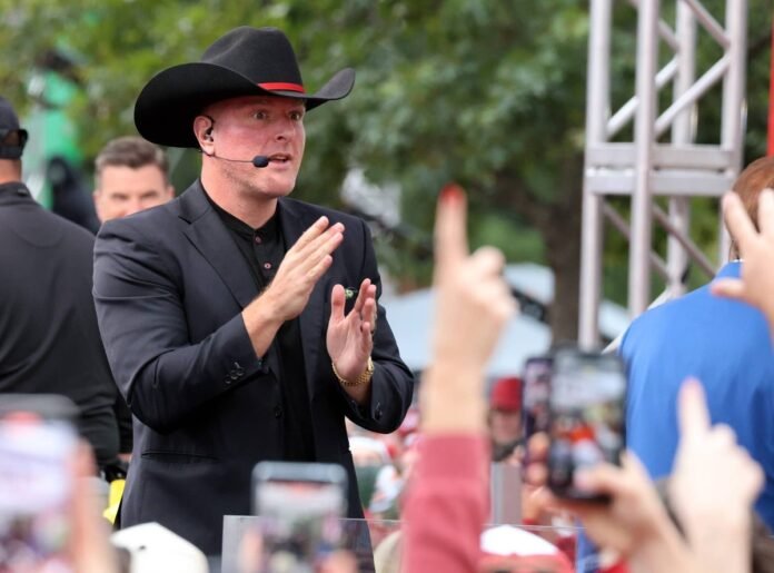 Pat McAfee takes the stage at ESPN College GameDay ahead of the University of Oklahoma-Michigan College football game on Sep 6, 2025 in Norman.