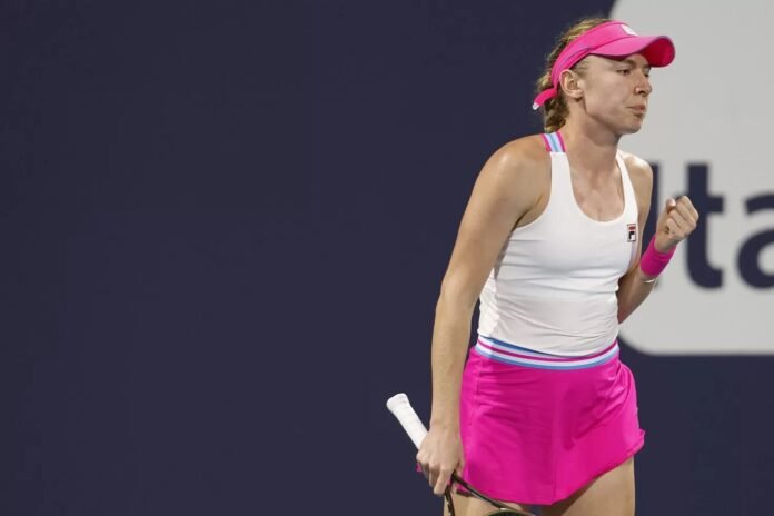Ekaterina Alexandrova reacts during the Miami Open