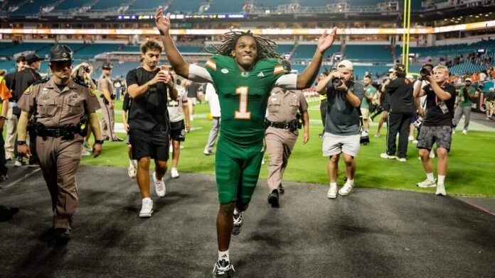 Miami Hurricanes wide receiver Malachi Toney (1) celebrates coming off the field after UM defeats Central Michigan Chippewas at Hard Rock Stadium in Miami Gardens, Florida, on Saturday, September 26, 2026.
